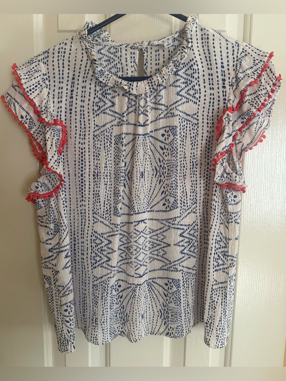 THML Blue & White Patterned Flutter Sleeve Top with Coral Trim